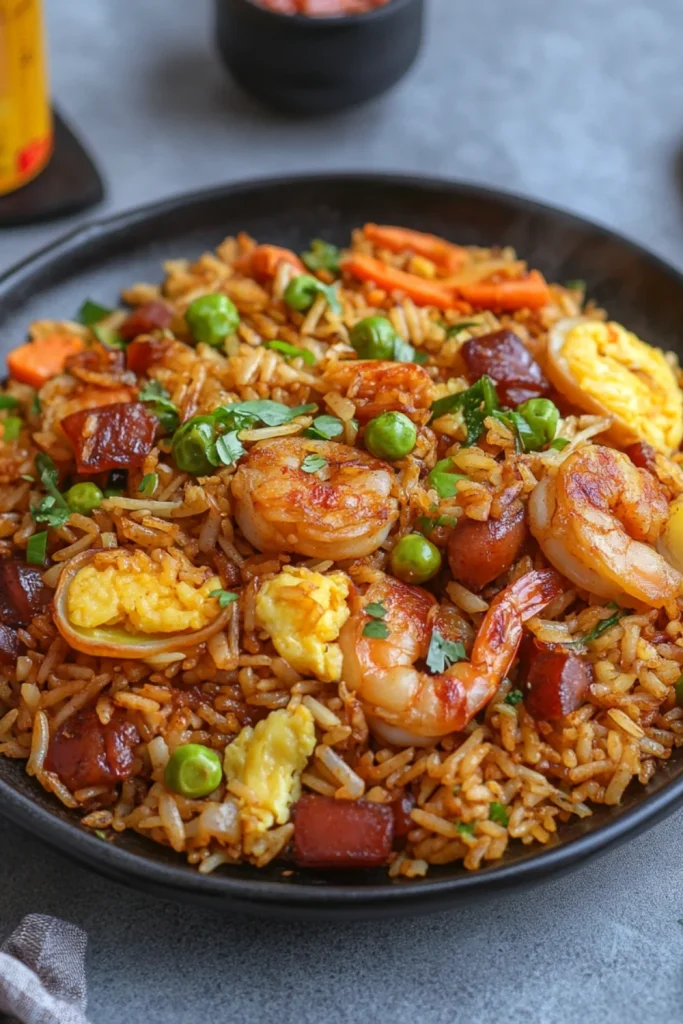 Reisgericht mit Garnelen, grünen Erbsen und Karotten in einer Schale.