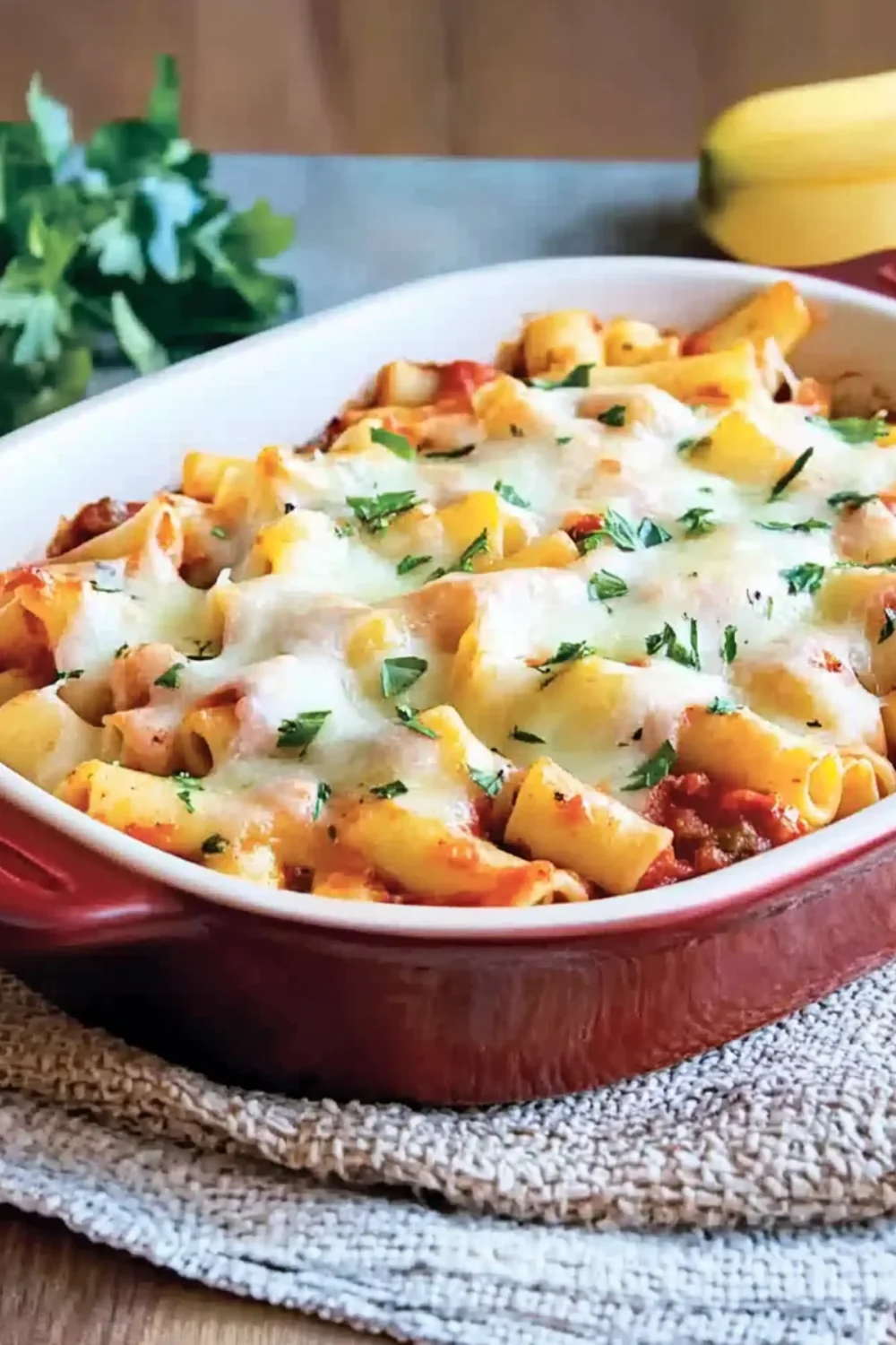 Auflauf mit Rigatoni-Pasta, Tomatensauce und geschmolzenem Käse, garniert mit frischem Koriander.