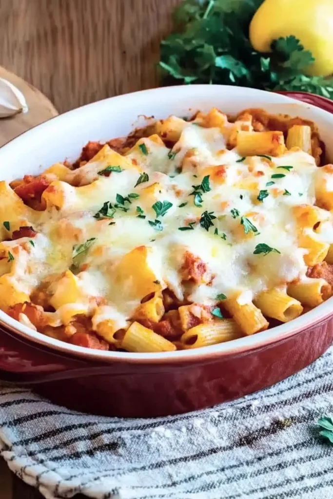 Auflauf mit Rigatoni-Pasta, Tomatensauce und geschmolzenem Käse, garniert mit frischem Koriander.