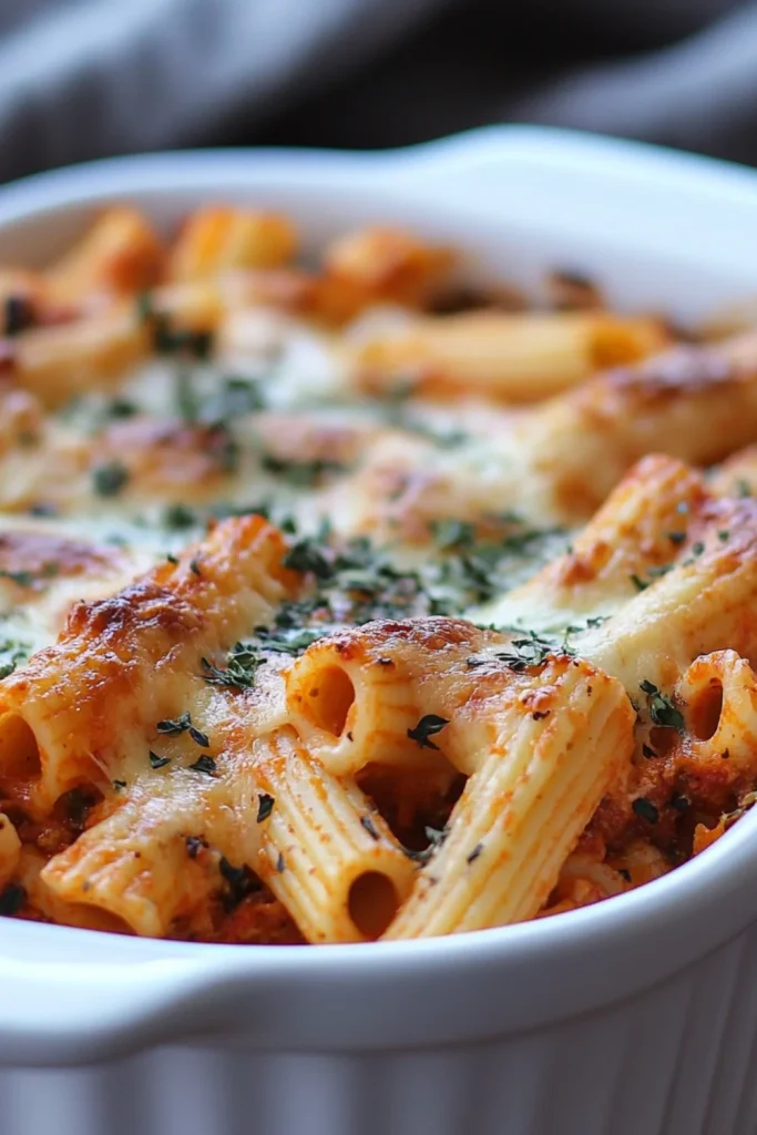 Auflauf mit Rigatoni-Pasta, Tomatensauce und geschmolzenem Käse, garniert mit frischem Koriander.