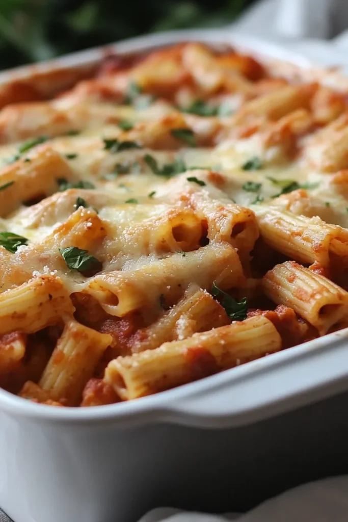  Auflauf mit Rigatoni-Pasta, Tomatensauce und geschmolzenem Käse, garniert mit frischem Koriander.