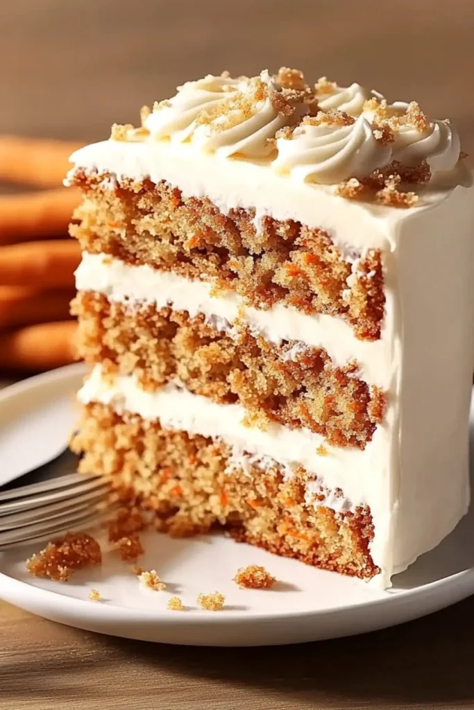 Feuchter Karottenkuchen, dekoriert mit frischer Frischkäsefrosting und Mini-Karotten aus Fondant.