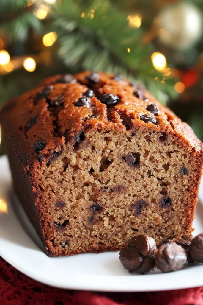 „Fettfreies Bananenbrot mit Schokostückchen auf einem weißen Teller vor weihnachtlicher Dekoration.“