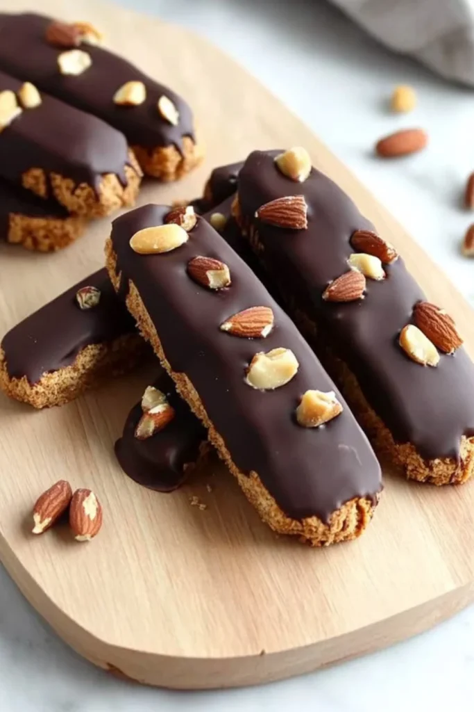 „Hausgemachte Biscotti mit Nüssen und dunkler Schokoladenglasur auf einem weißen Teller gestapelt.“