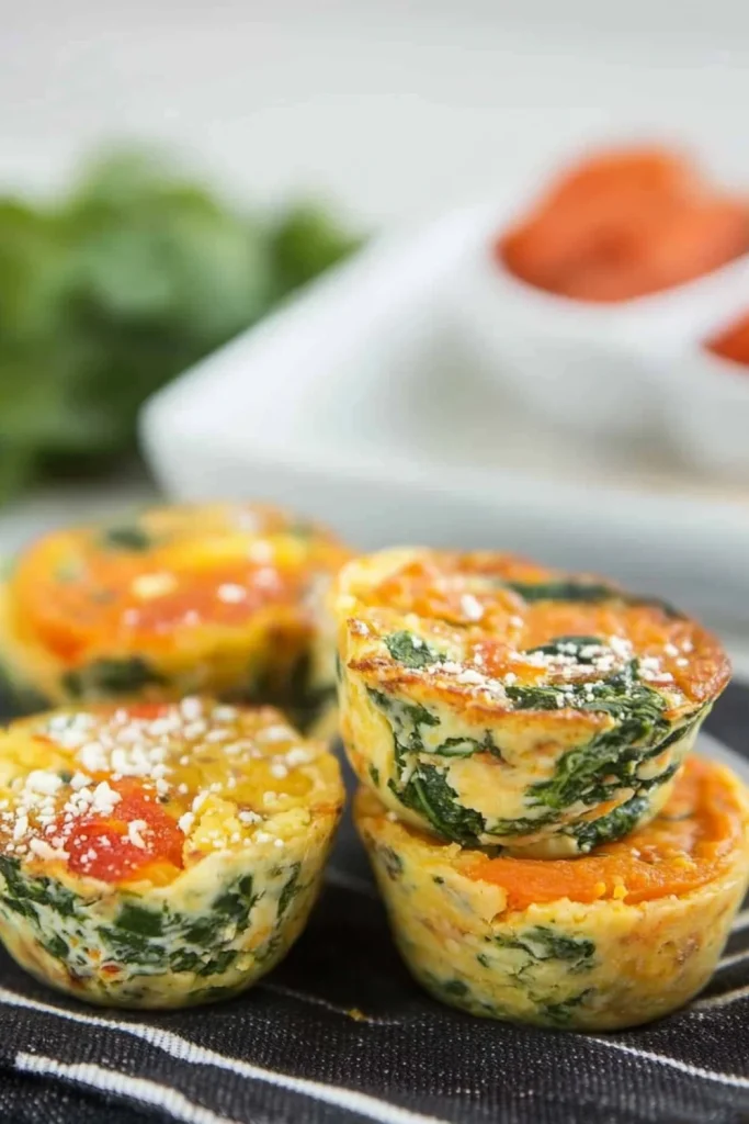 Gesunde Süßkartoffel-Spinat-Ei-Törtchen, die in einer modernen und eleganten Präsentation serviert werden.