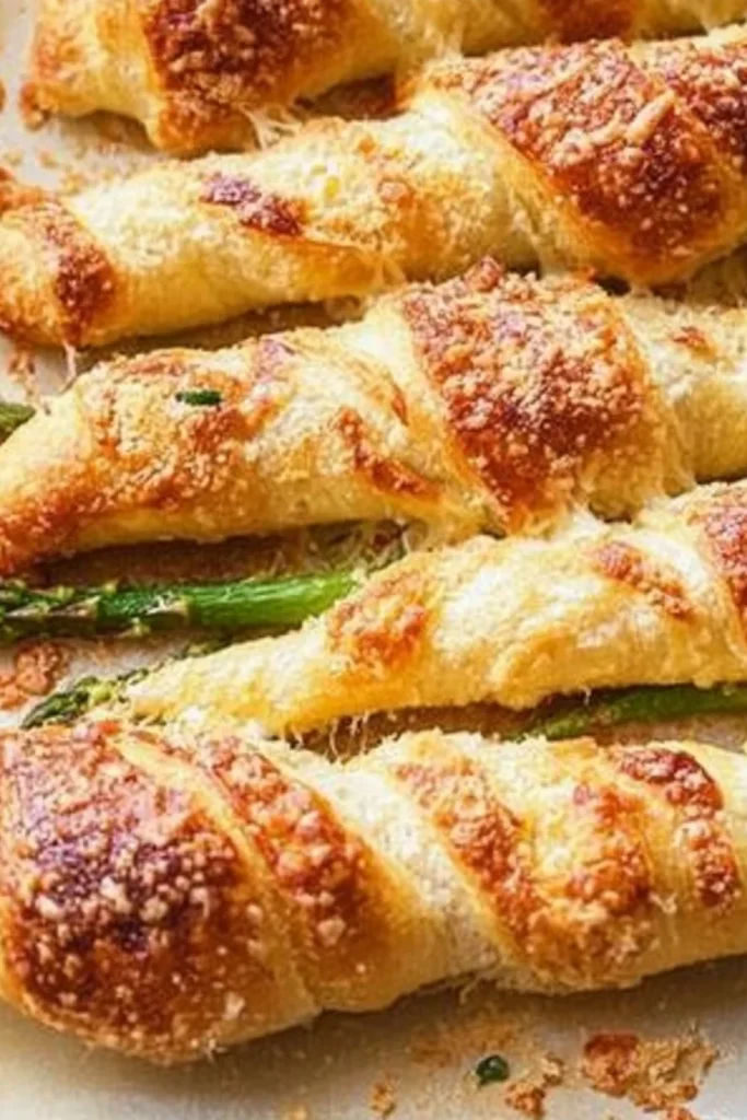 Frisch gebackene Spargel-Croissants mit einer knusprigen Käsekruste, die den Spargel umhüllen.